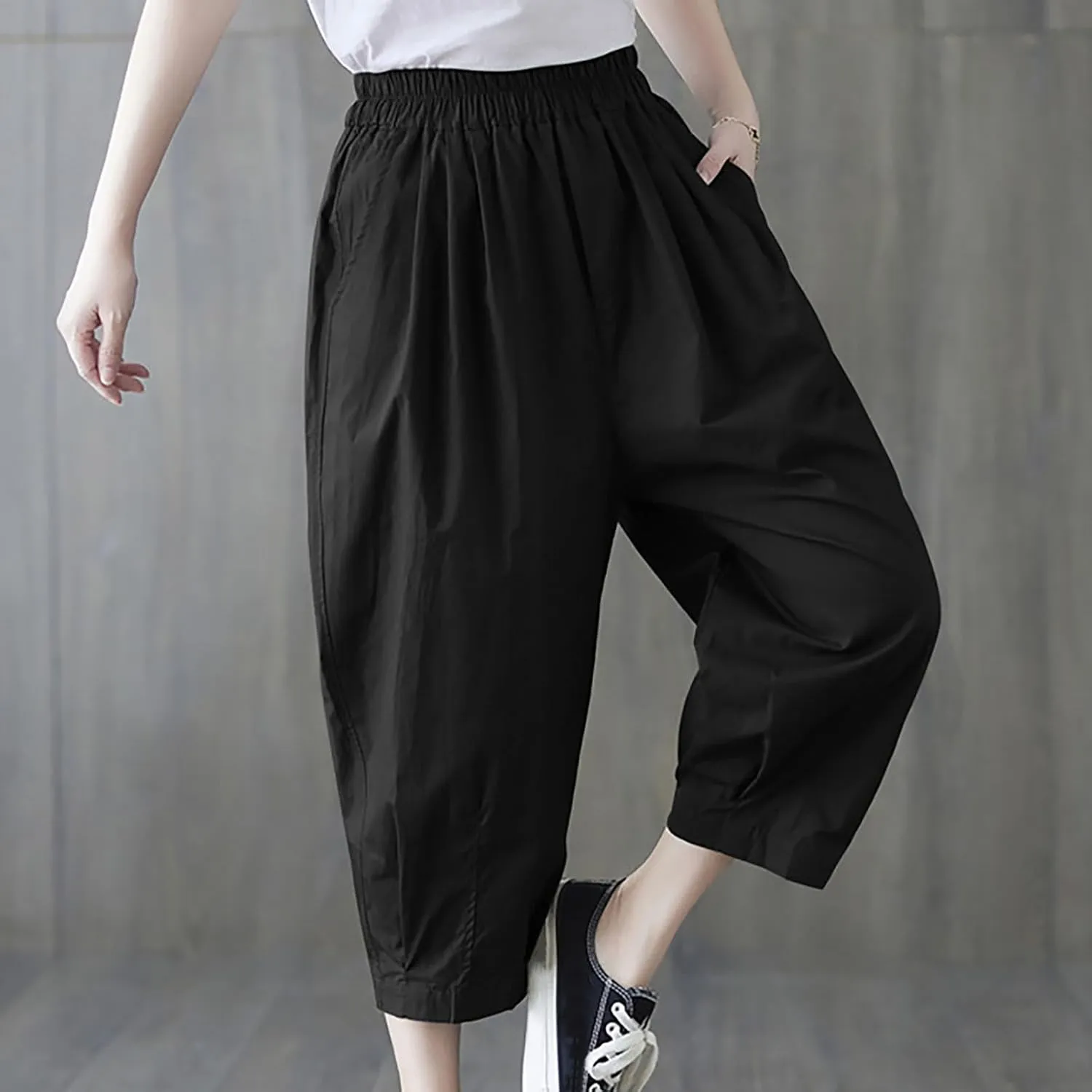 Women Cotton Linen Trousers Loose Capri Pants 3/4 Length Trouser Cropped Pant Breathable Wide Leg Capris with Pockets