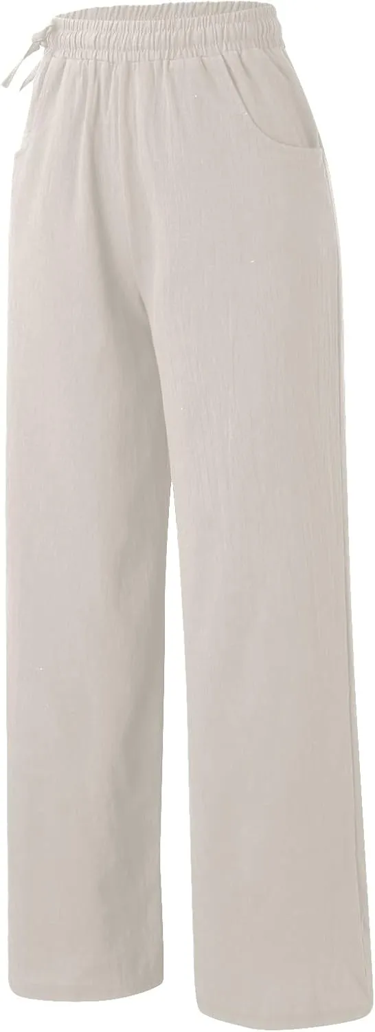 Women Cotton Linen Wide Leg Trousers High Waist Plus Size Lounge Pants Pockets Leisure Pant Causal Sweatpants