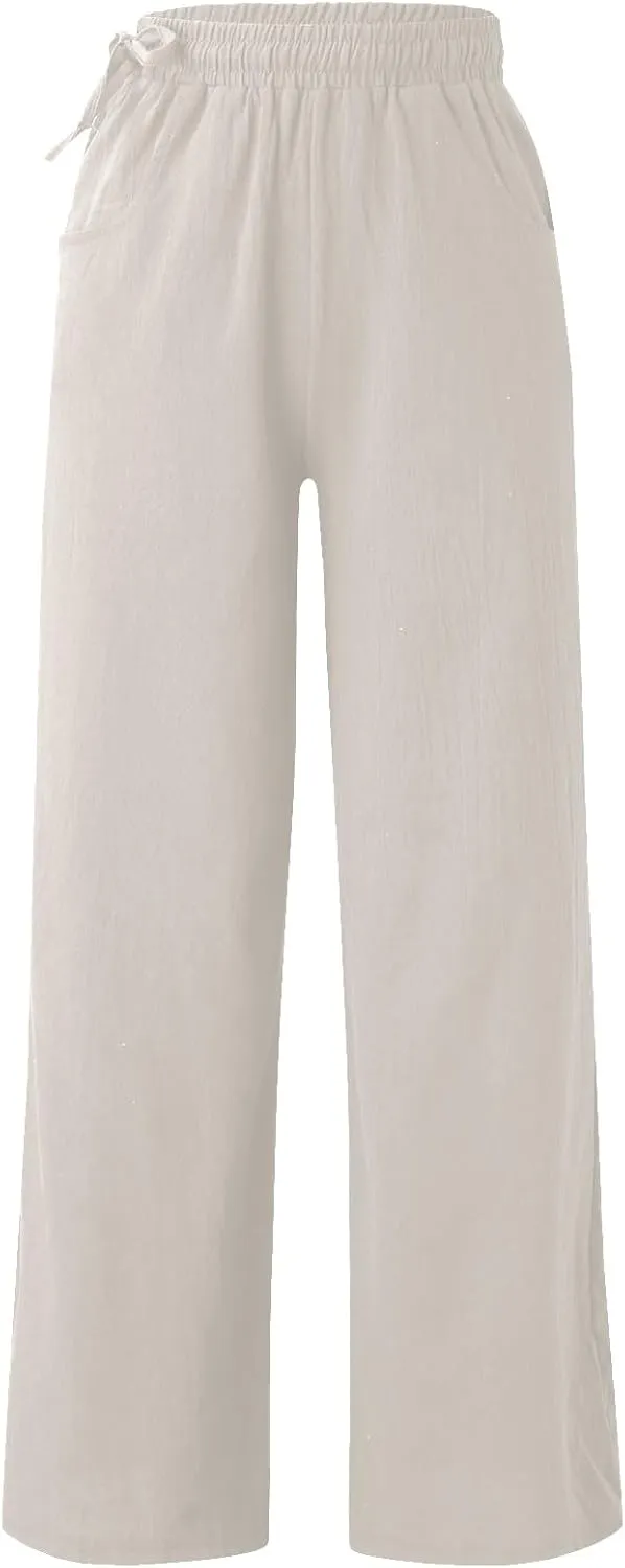 Women Cotton Linen Wide Leg Trousers High Waist Plus Size Lounge Pants Pockets Leisure Pant Causal Sweatpants