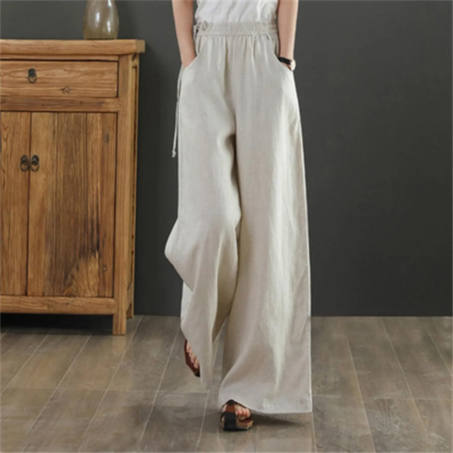 Women Cotton Linen Wide Leg Trousers High Waist Plus Size Lounge Pants Pockets Leisure Pant Causal Sweatpants