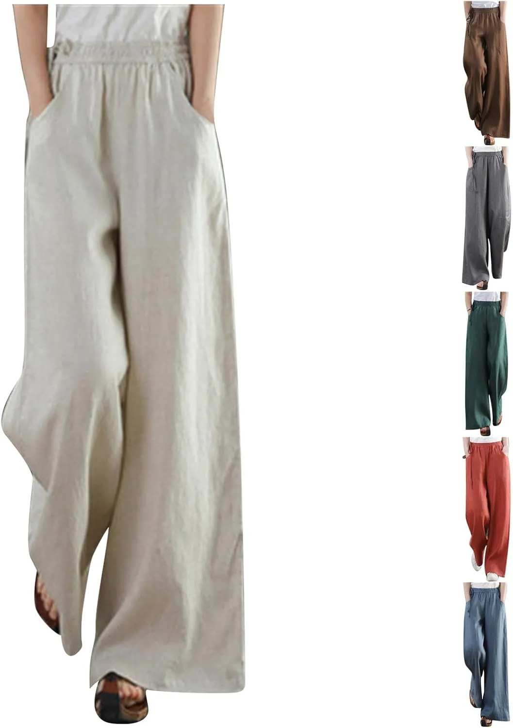 Women Cotton Linen Wide Leg Trousers High Waist Plus Size Lounge Pants Pockets Leisure Pant Causal Sweatpants
