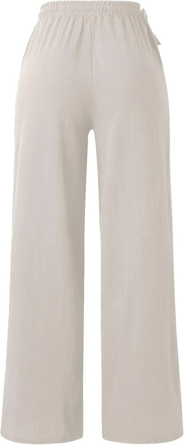Women Cotton Linen Wide Leg Trousers High Waist Plus Size Lounge Pants Pockets Leisure Pant Causal Sweatpants