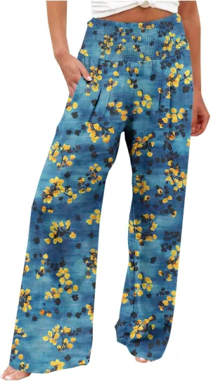 Women Floral Print Linen Palazzo Pants Summer Boho Wide Leg High Waist Lounge Pant Beach Travel Vacation Outfits