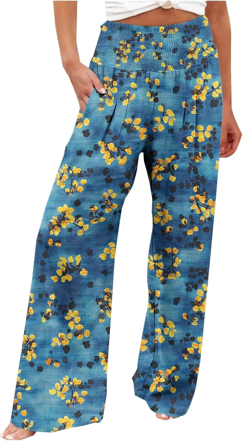 Women Floral Print Linen Palazzo Pants Summer Boho Wide Leg High Waist Lounge Pant Beach Travel Vacation Outfits