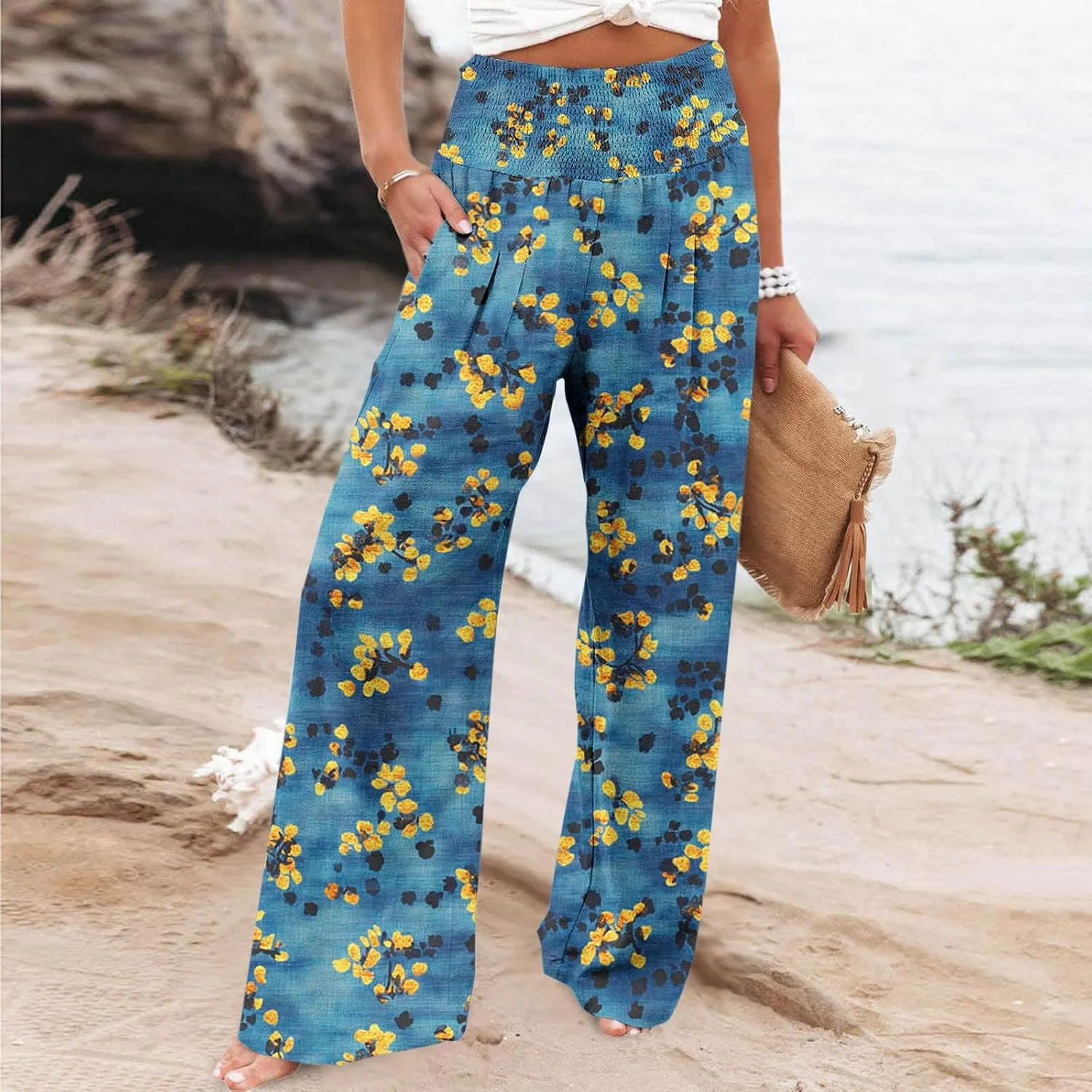 Women Floral Print Linen Palazzo Pants Summer Boho Wide Leg High Waist Lounge Pant Beach Travel Vacation Outfits