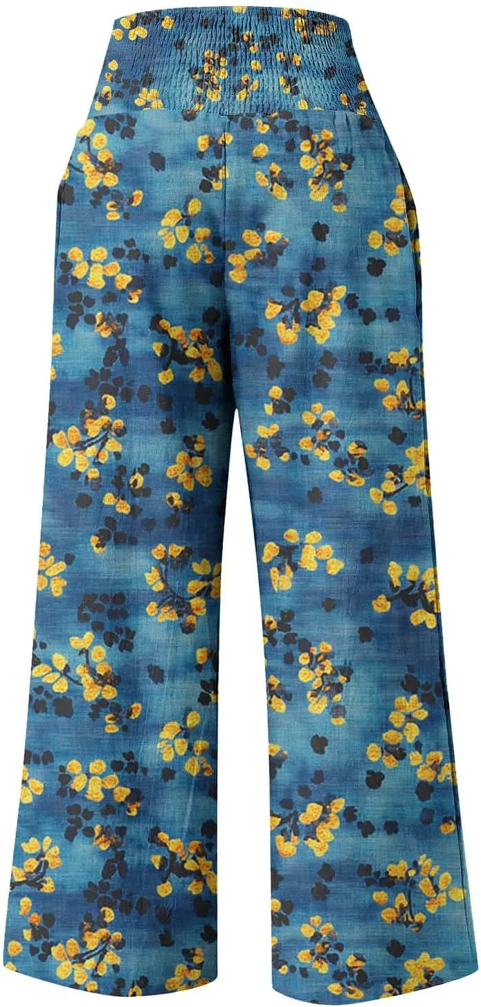 Women Floral Print Linen Palazzo Pants Summer Boho Wide Leg High Waist Lounge Pant Beach Travel Vacation Outfits