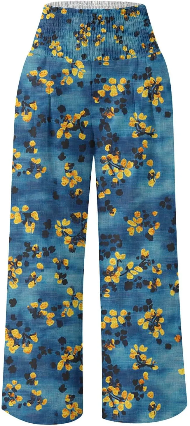 Women Floral Print Linen Palazzo Pants Summer Boho Wide Leg High Waist Lounge Pant Beach Travel Vacation Outfits