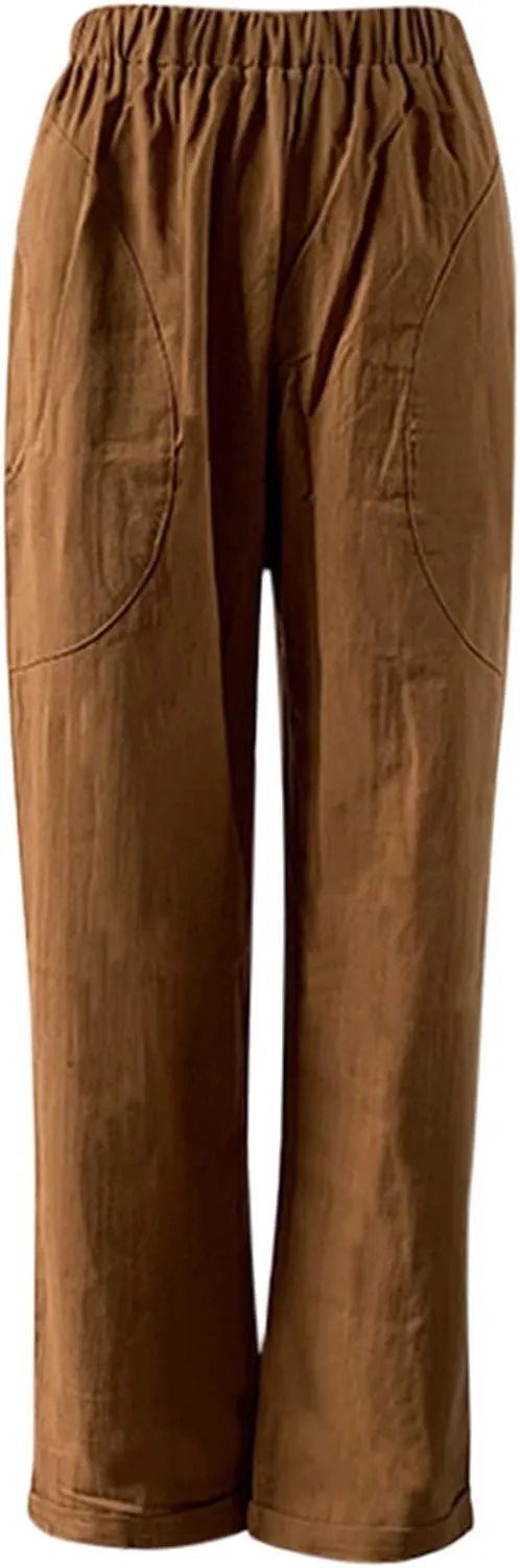 Women Straight Wide Leg Capris Pants Cotton Linen Summer Cropped Trousers Breathable Casual Solid Dress Pants with Pockets