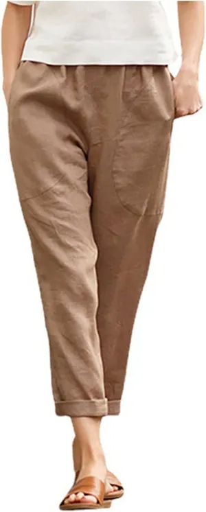 Women Straight Wide Leg Capris Pants Cotton Linen Summer Cropped Trousers Breathable Casual Solid Dress Pants with Pockets