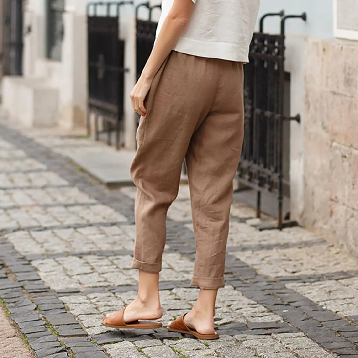 Women Straight Wide Leg Capris Pants Cotton Linen Summer Cropped Trousers Breathable Casual Solid Dress Pants with Pockets