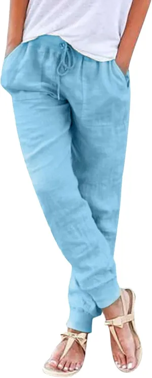 Women Tapered Pants Cotton Linen Drawstring Back Elastic Waist Trousers Casual Summer Plus Size Joggers with Pockets