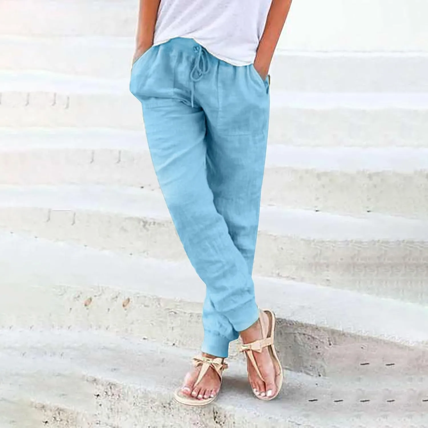 Women Tapered Pants Cotton Linen Drawstring Back Elastic Waist Trousers Casual Summer Plus Size Joggers with Pockets