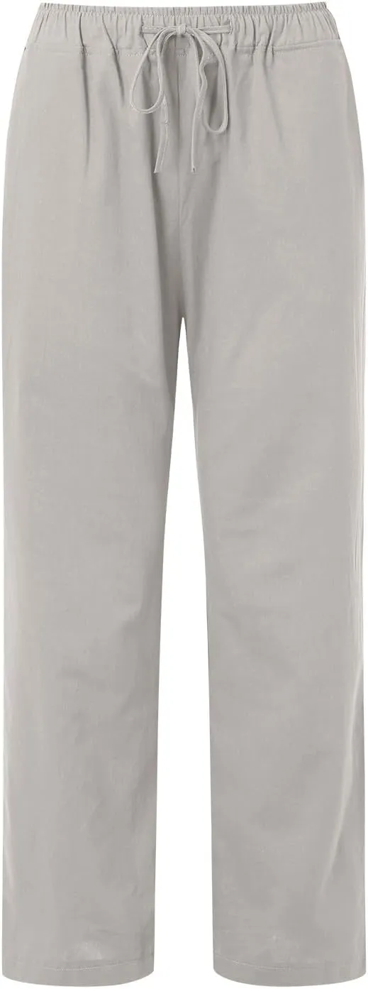 Women Wide Leg Linen Pants Summer Beach Loose Fit Drawstring High Waist Lightweight Cotton Linen Trousers with Pockets