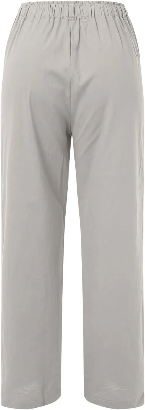Women Wide Leg Linen Pants Summer Beach Loose Fit Drawstring High Waist Lightweight Cotton Linen Trousers with Pockets