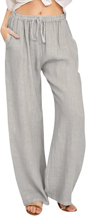Women Wide Leg Linen Pants Summer Beach Loose Fit Drawstring High Waist Lightweight Cotton Linen Trousers with Pockets