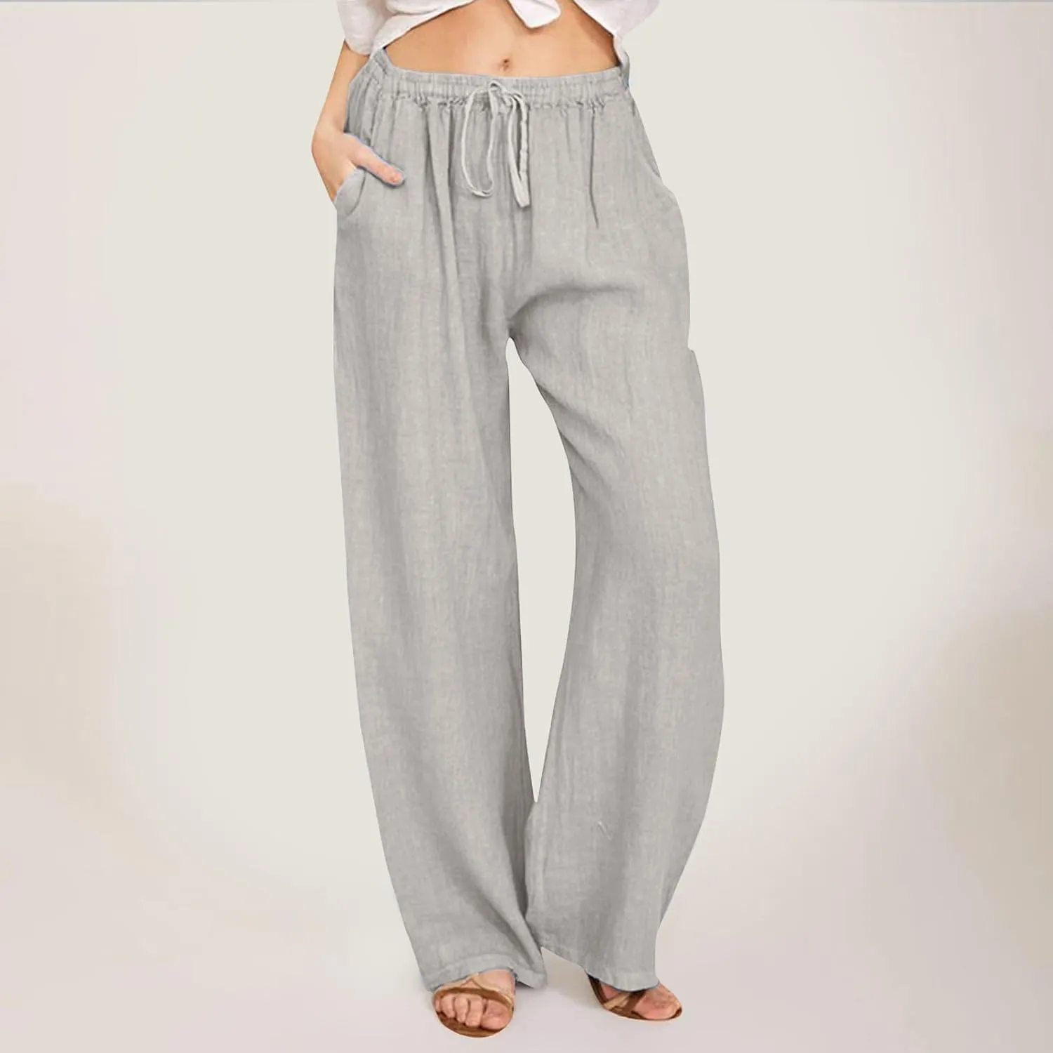 Women Wide Leg Linen Pants Summer Beach Loose Fit Drawstring High Waist Lightweight Cotton Linen Trousers with Pockets