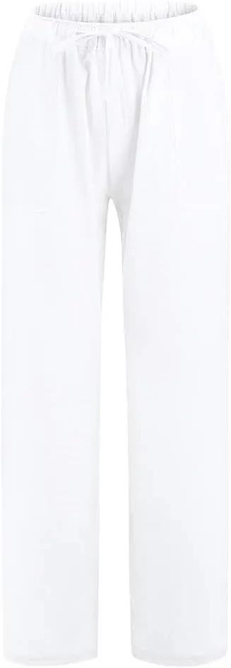 Women's 2024 Summer Pants Linen Cotton Breathable Casual Trousers Straight Wide Leg Drawstring Elastic Waist Palazzo Pants