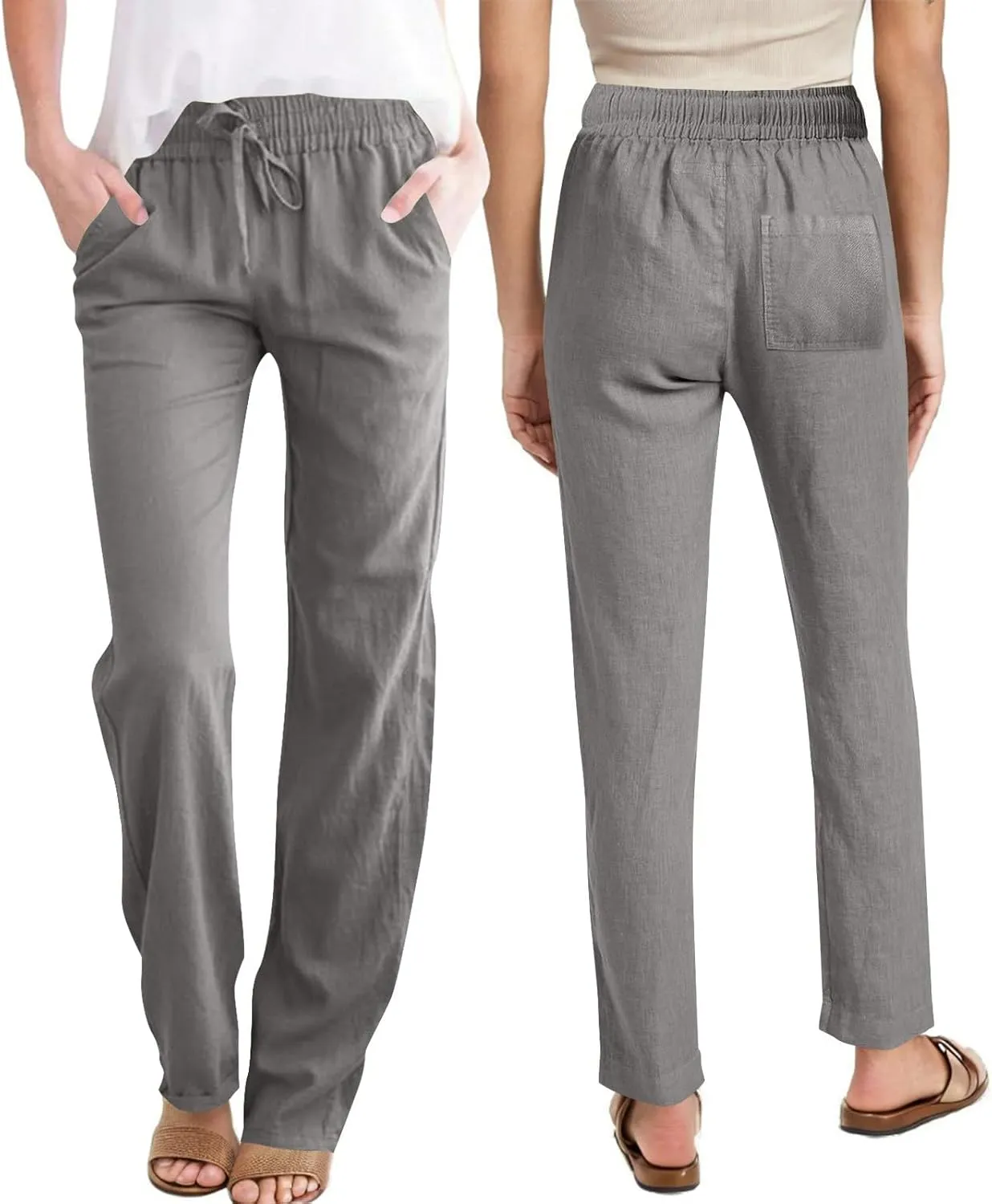Womens Casual Linen High Waist Pants Drawstring Loose Fit Summer Slacks Solid Lounge Trousers with Side Pockets