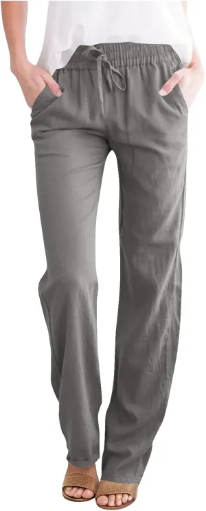 Womens Casual Linen High Waist Pants Drawstring Loose Fit Summer Slacks Solid Lounge Trousers with Side Pockets