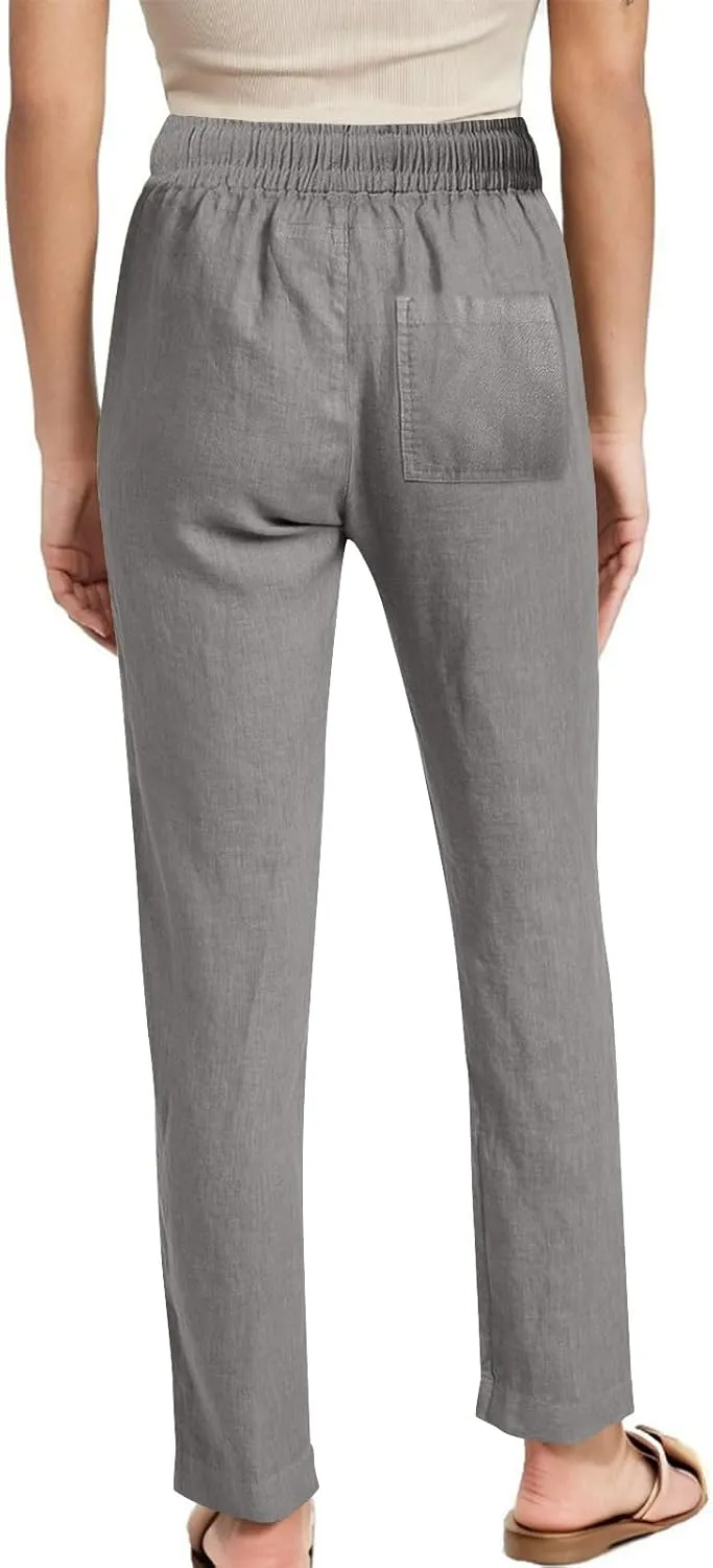 Womens Casual Linen High Waist Pants Drawstring Loose Fit Summer Slacks Solid Lounge Trousers with Side Pockets