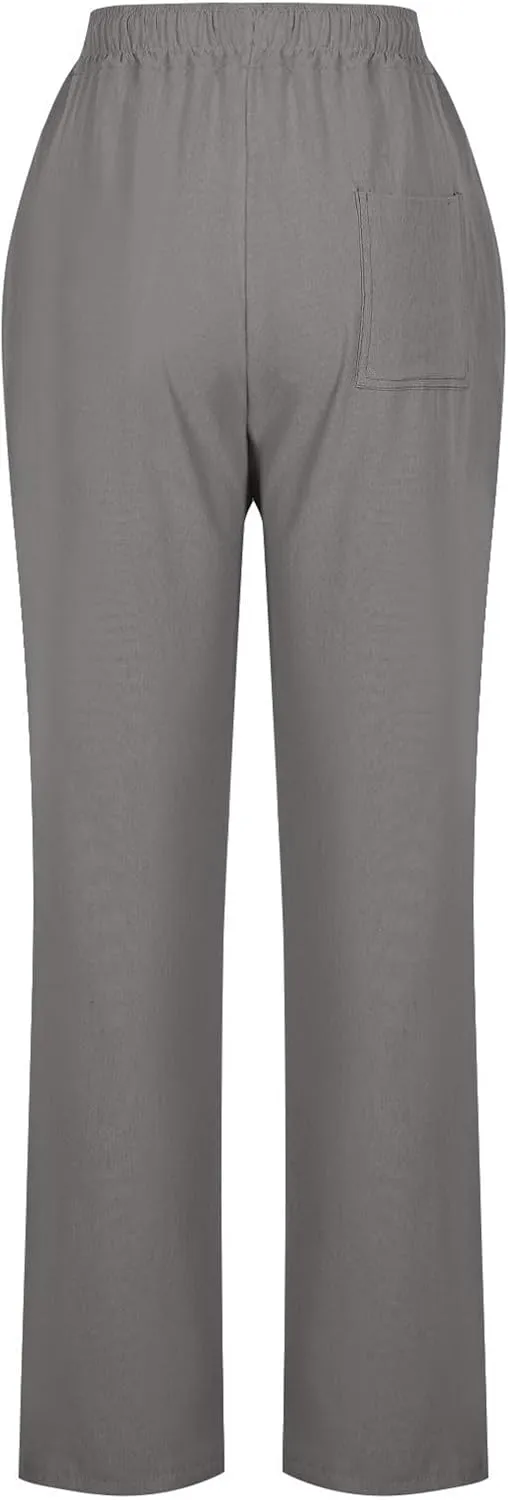 Womens Casual Linen High Waist Pants Drawstring Loose Fit Summer Slacks Solid Lounge Trousers with Side Pockets