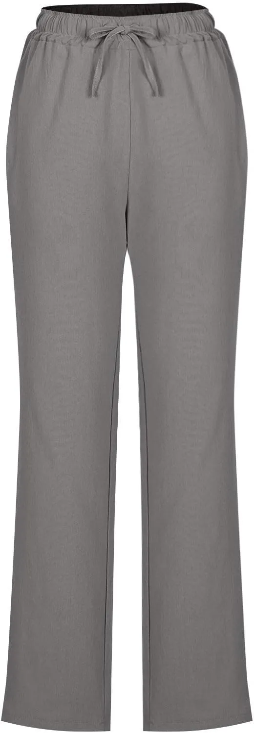 Womens Casual Linen High Waist Pants Drawstring Loose Fit Summer Slacks Solid Lounge Trousers with Side Pockets