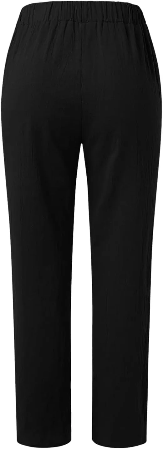 Womens Cotton Linen Pants Summer Casual Loose Beach Pant Lightweight High Waist Cropped Baggy Trousers with Pockets