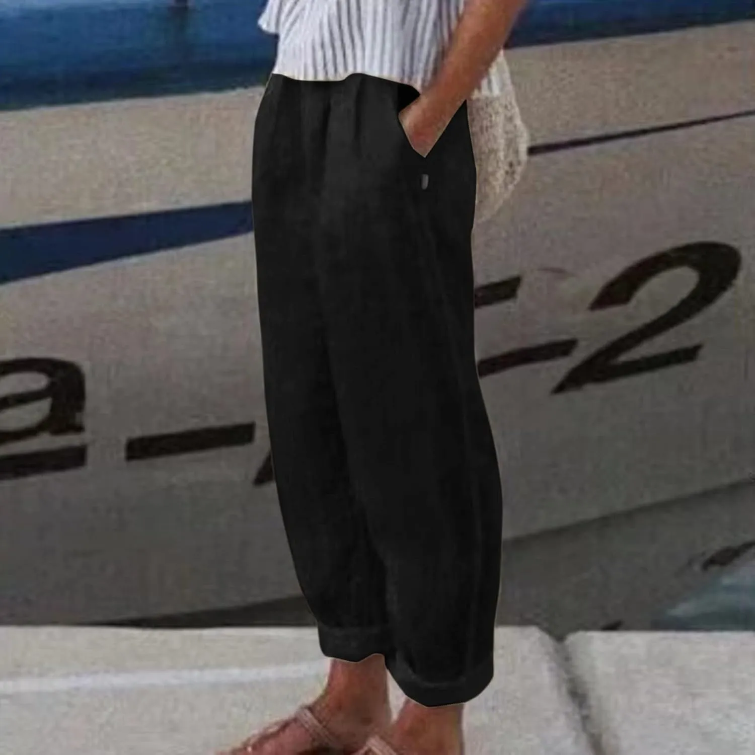 Womens Cotton Linen Pants Summer Casual Loose Beach Pant Lightweight High Waist Cropped Baggy Trousers with Pockets