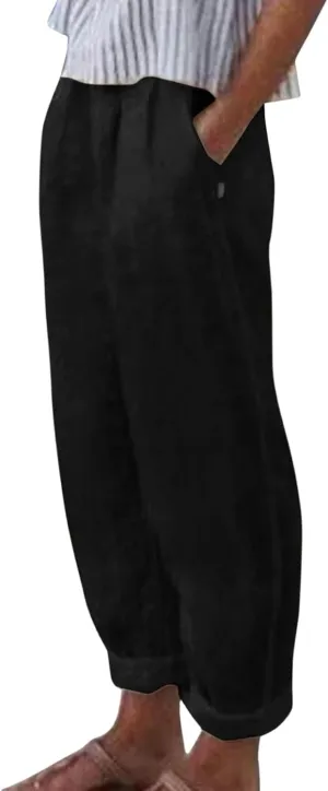 Womens Cotton Linen Pants Summer Casual Loose Beach Pant Lightweight High Waist Cropped Baggy Trousers with Pockets