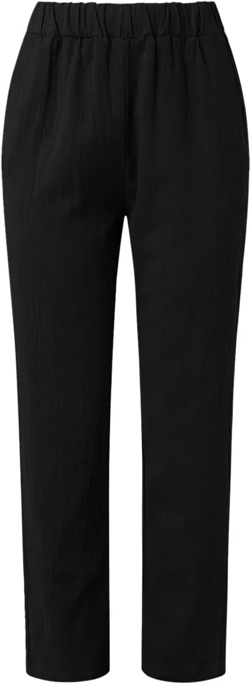 Womens Cotton Linen Pants Summer Casual Loose Beach Pant Lightweight High Waist Cropped Baggy Trousers with Pockets
