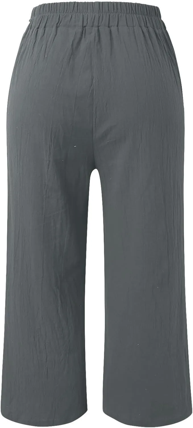 Women's Fashion Casual Elastic Waist Linen Pants Loose Trousers Wide Leggings Pants Summer Solid Color Casual