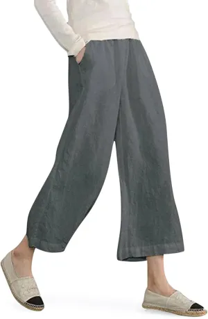 Women's Fashion Casual Elastic Waist Linen Pants Loose Trousers Wide Leggings Pants Summer Solid Color Casual