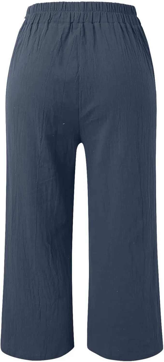 Women's Fashion Casual Elastic Waist Linen Pants Loose Trousers Wide Leggings Pants Summer Solid Color Casual