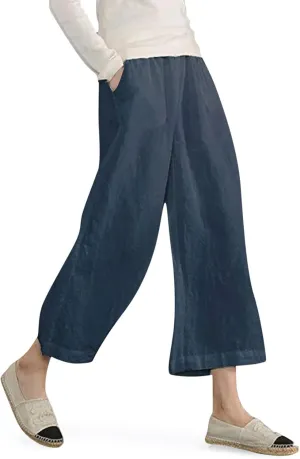 Women's Fashion Casual Elastic Waist Linen Pants Loose Trousers Wide Leggings Pants Summer Solid Color Casual