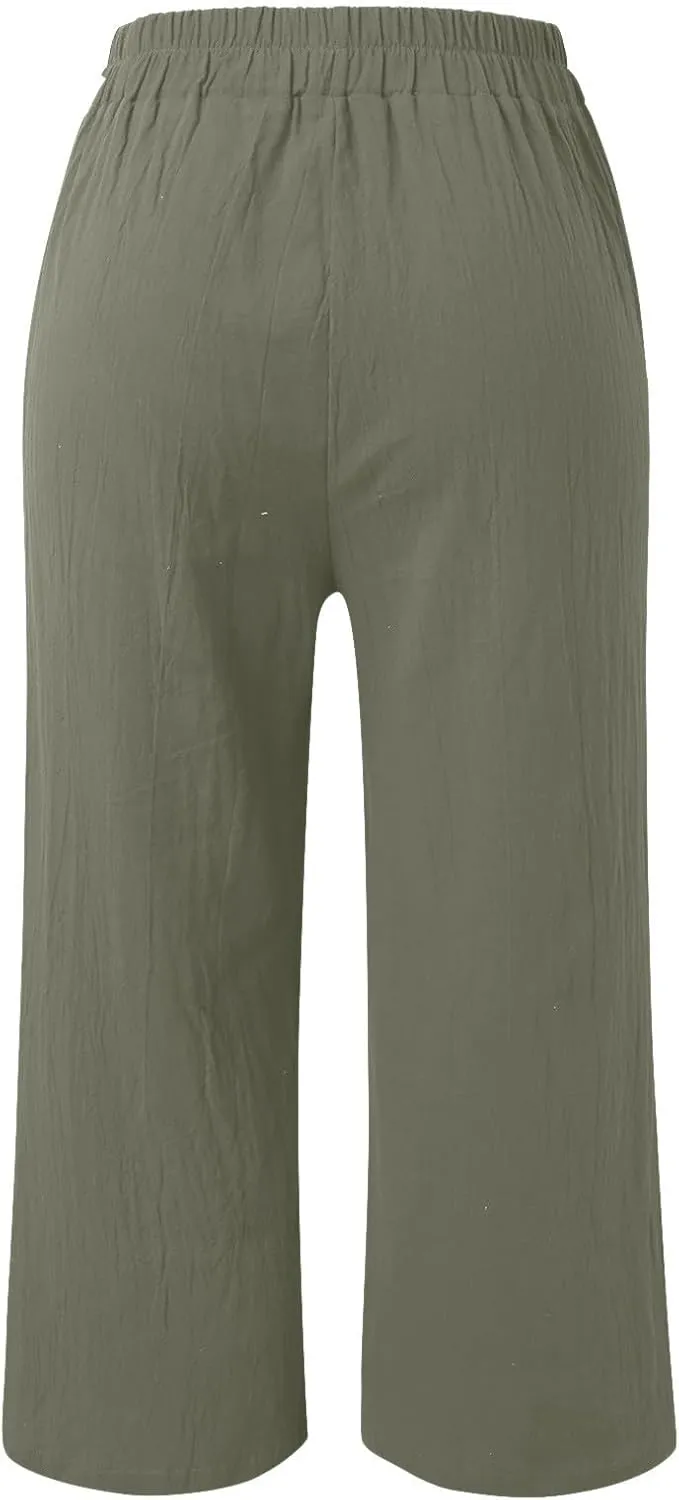 Women's Fashion Casual Elastic Waist Linen Pants Loose Trousers Wide Leggings Pants Summer Solid Color Casual