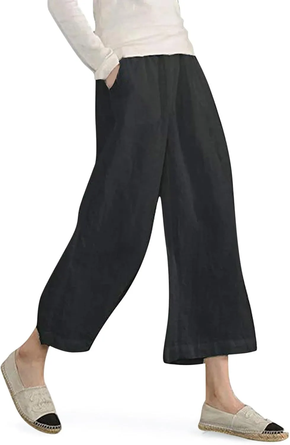 Women's Fashion Casual Elastic Waist Linen Pants Loose Trousers Wide Leggings Pants Summer Solid Color Casual