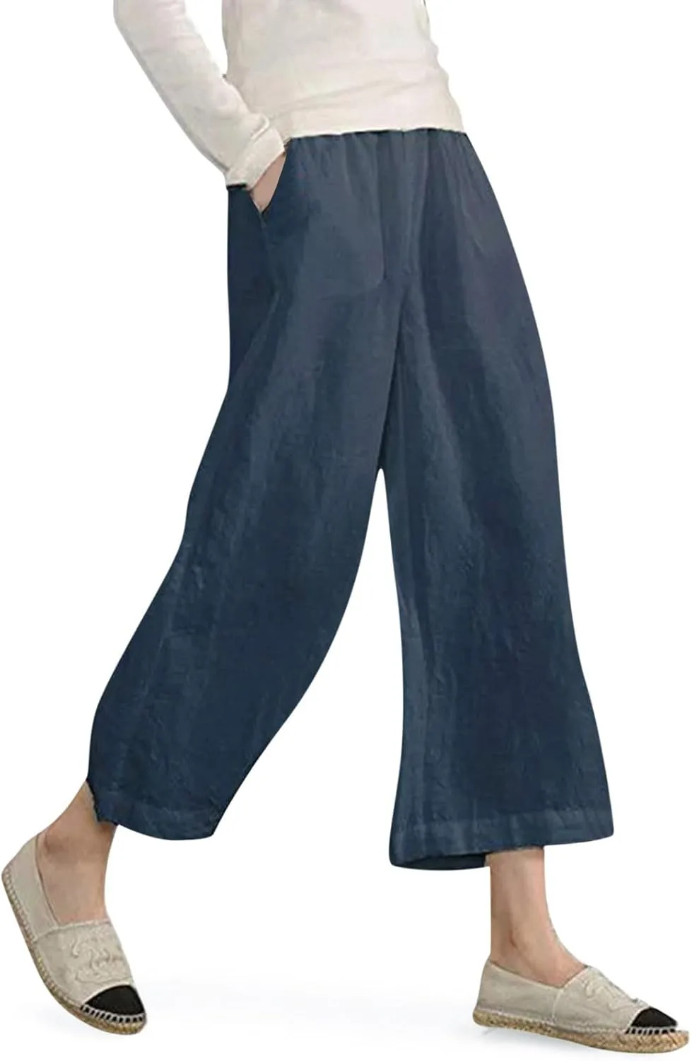 Women's Fashion Casual Elastic Waist Linen Pants Loose Trousers Wide Leggings Pants Summer Solid Color Casual