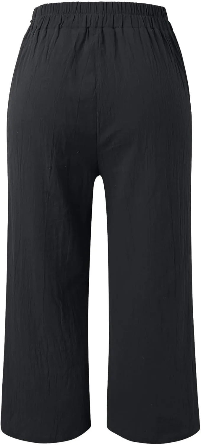 Women's Fashion Casual Elastic Waist Linen Pants Loose Trousers Wide Leggings Pants Summer Solid Color Casual