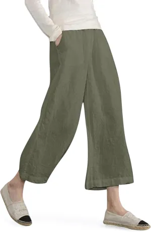Women's Fashion Casual Elastic Waist Linen Pants Loose Trousers Wide Leggings Pants Summer Solid Color Casual