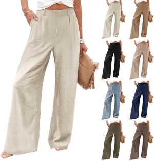 Women's Linen Pants Fashion Straight Leg High Waisted Dress Trousers Loose Casual Wide Leg Solid Color Vacation Pants