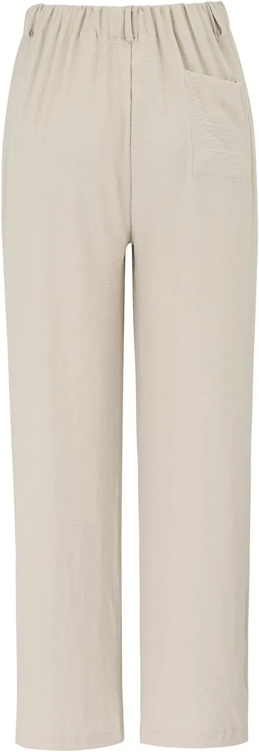 Women's Linen Pants Fashion Straight Leg High Waisted Dress Trousers Loose Casual Wide Leg Solid Color Vacation Pants