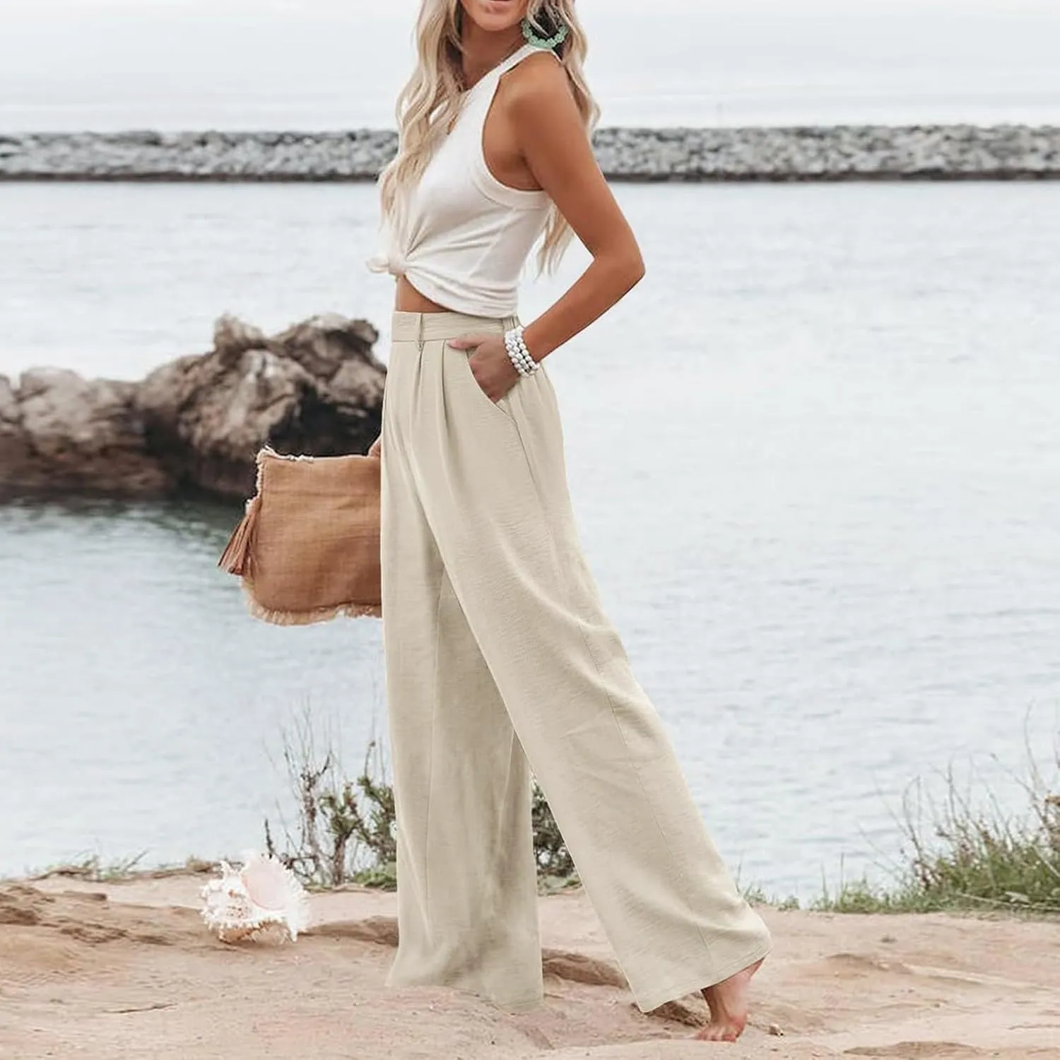 Women's Linen Pants Fashion Straight Leg High Waisted Dress Trousers Loose Casual Wide Leg Solid Color Vacation Pants