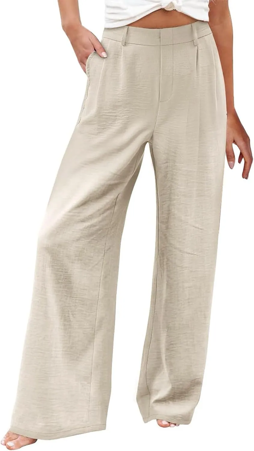 Women's Linen Pants Fashion Straight Leg High Waisted Dress Trousers Loose Casual Wide Leg Solid Color Vacation Pants