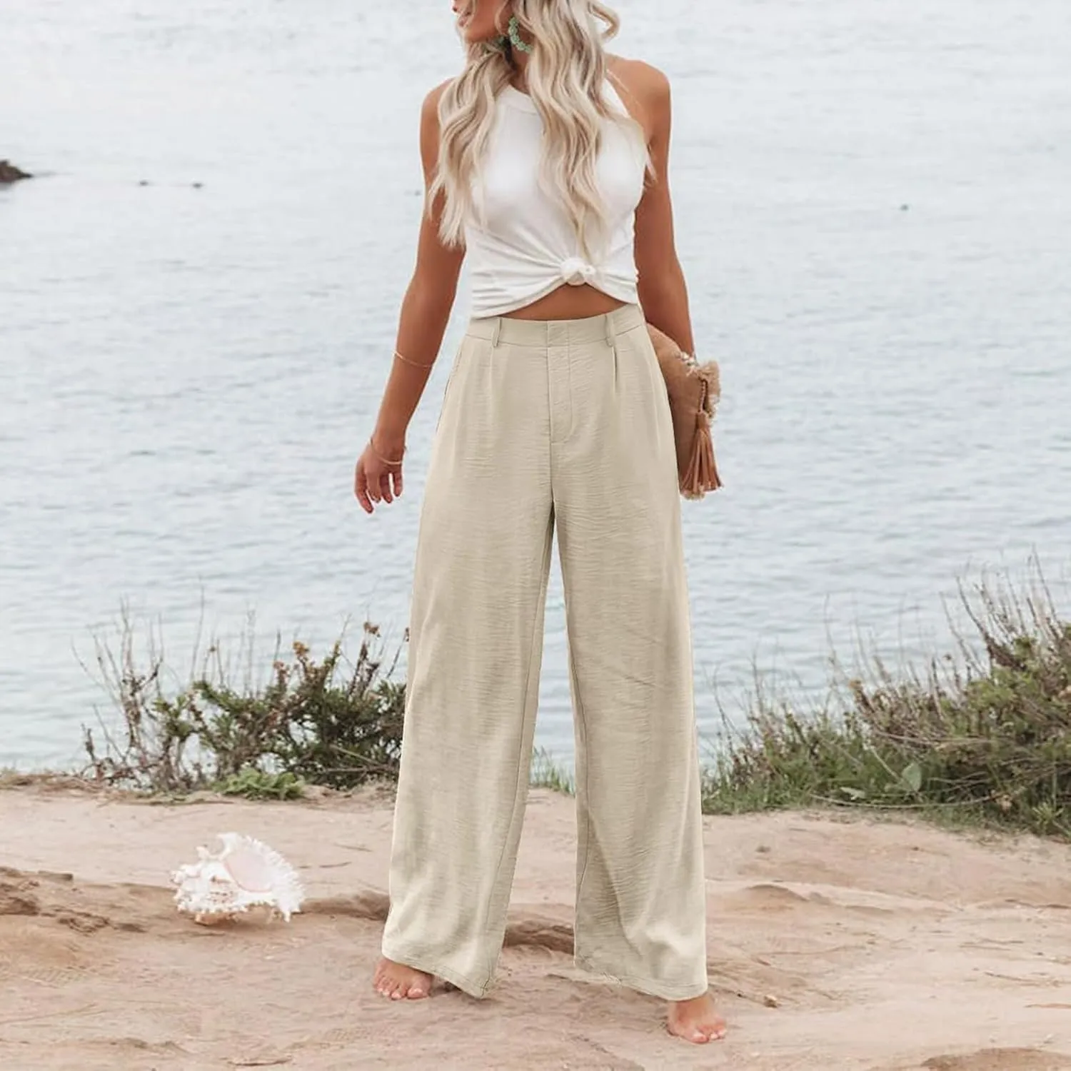 Women's Linen Pants Fashion Straight Leg High Waisted Dress Trousers Loose Casual Wide Leg Solid Color Vacation Pants