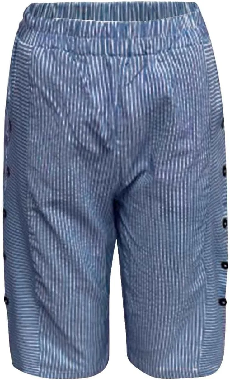 Women's Linen Shorts Trendy Striped Elastic Waist Pants Wide Leg Short Pants Side Button Casual Beach Shorts