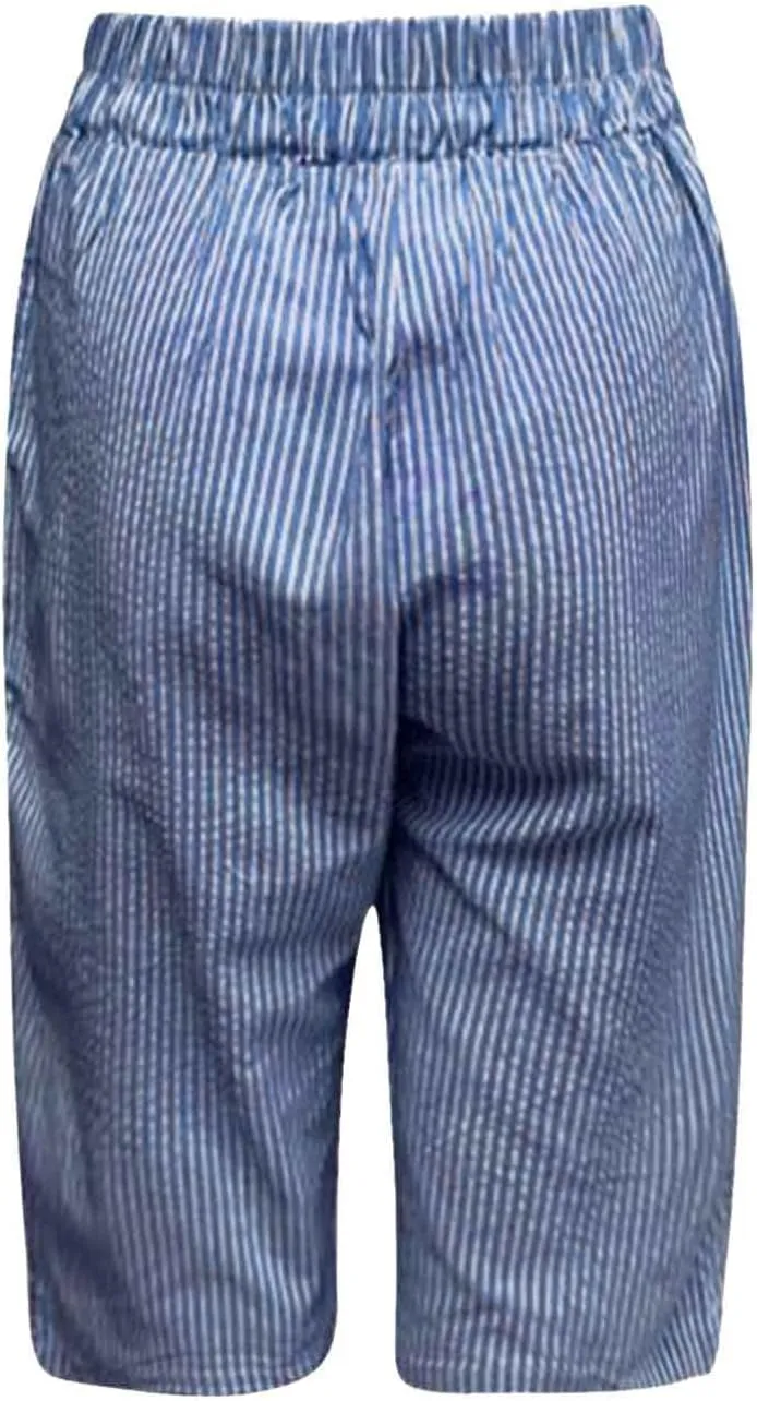 Women's Linen Shorts Trendy Striped Elastic Waist Pants Wide Leg Short Pants Side Button Casual Beach Shorts