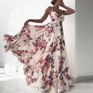 Womens Maxi Dress  Sleeveless Flowy Fit  Floral Print  Open Back  Formal Wear