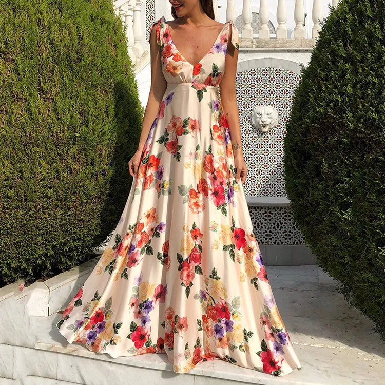 Womens Maxi Dress  Sleeveless Flowy Fit  Floral Print  Open Back  Formal Wear