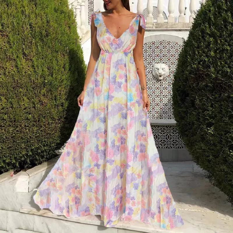 Womens Maxi Dress  Sleeveless Flowy Fit  Floral Print  Open Back  Formal Wear