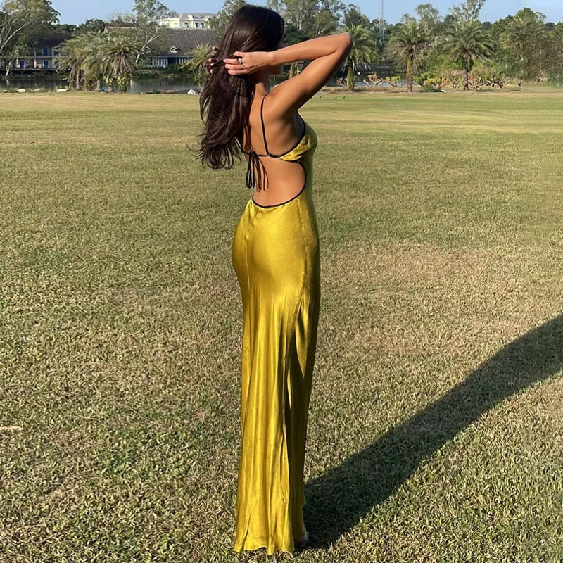 Womens Slip Dress  Satin  Slim Fit  Spaghetti Straps  Backless Formal Wear